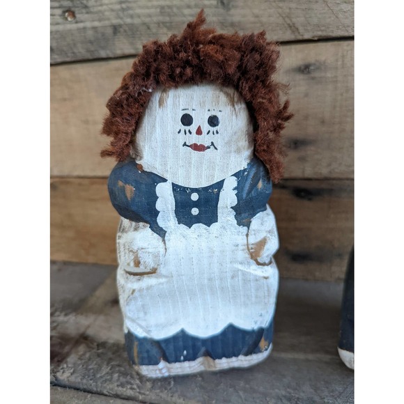 Vintage Set of two Wooden Block Primitive Folk Art Rag Dolls - Picture 3 of 10